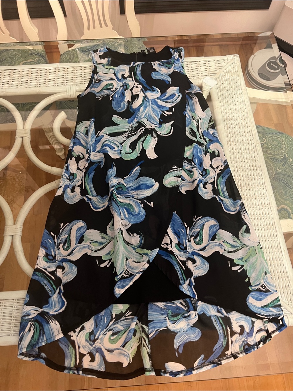 new directions Black Floral High-Low Dress with Blue and Mint Accents